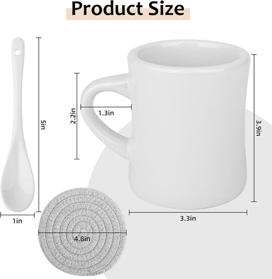11oz Ceramic Diner Coffee Mug set Stoneware Coffee Cups Set for Restaurant, Diner, Farmhouse, Coffee Shop, Home set of 4 with Coffee spoons and Woven coasters (white)