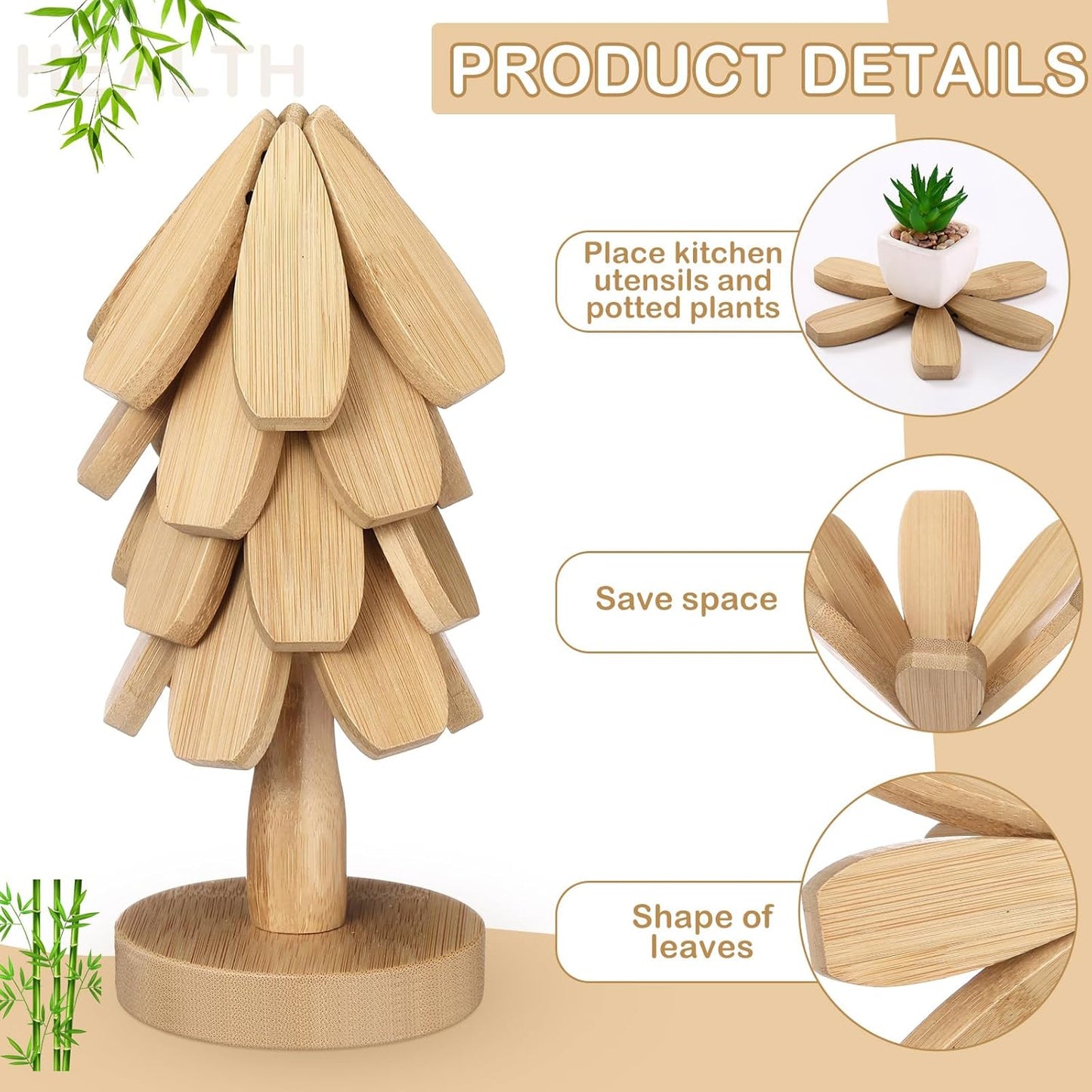 Wooden Tree Coaster Trivets Wood Trivets Set for Hot Dishes Set of 4 Christmas Tree Shape Foldable Wooden Coaster and 1 Stand Natural Trivet for Cups Plates Bowls Pots(Burly Wood Color)