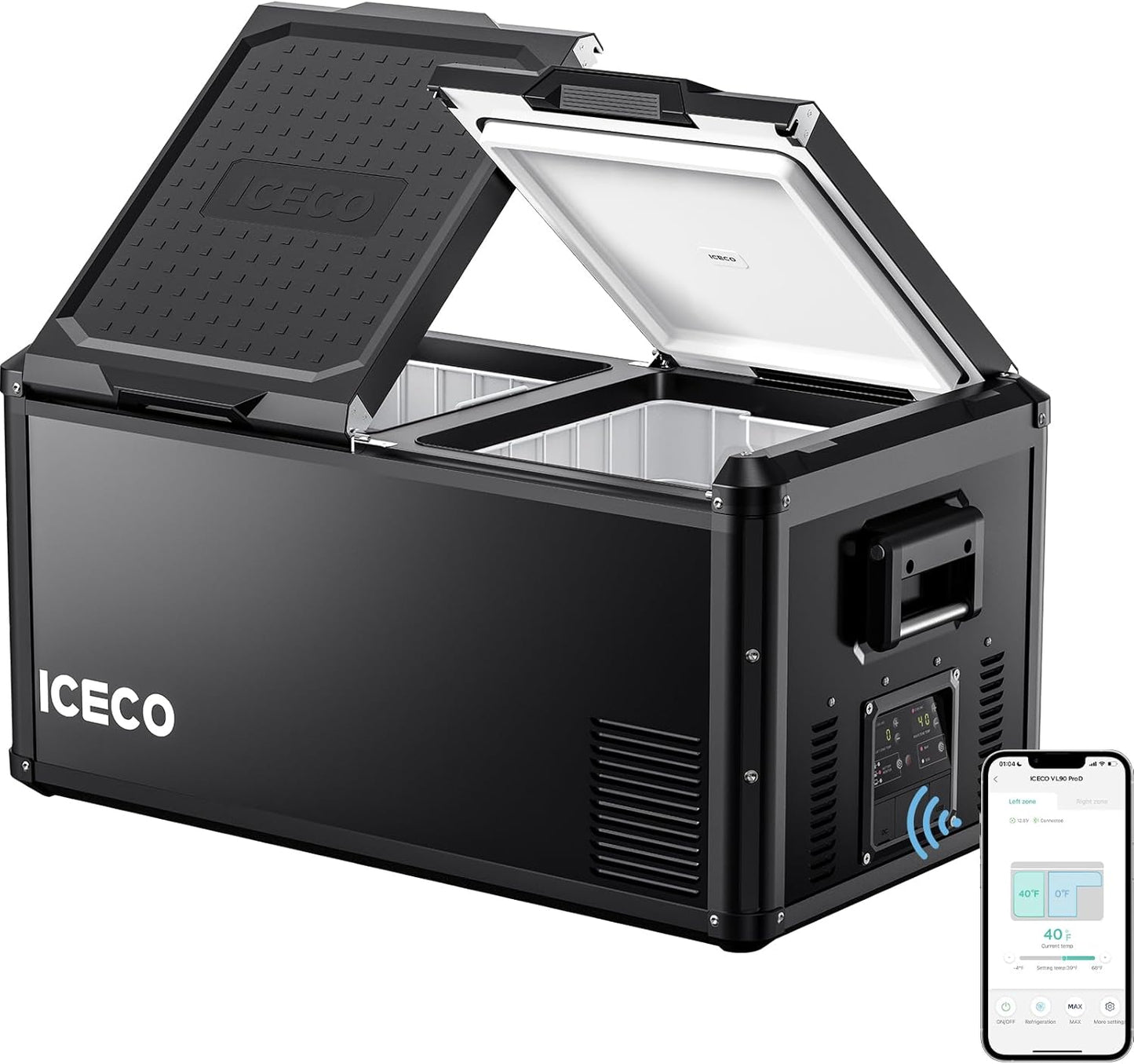 ICECO VL90 ProD Portable Refrigerator, Multi-directional Lid, Dual USB & DC 12/24V, AC 110-240V, 90L DUAL Zone Steel Compact Refrigerator Powered by SECOP, 0℉-50℉, Home & Car Use [Upgrade, 95 Quarts]