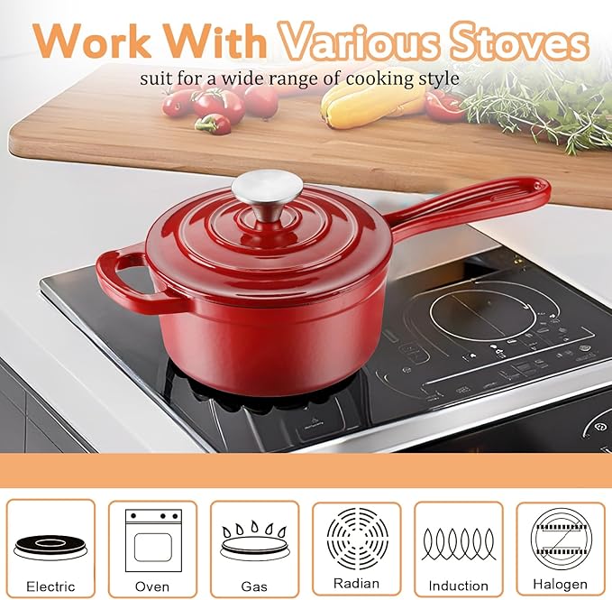 Enameled Cast Iron Sauce Pan, 1 Quart Enameled Saucepan with Lid, Mini Dutch Oven Enamel Saucepan for Cooking Pasta Sauce, Gravy, Puddings, Marinate, Boiling (Gradient Red)