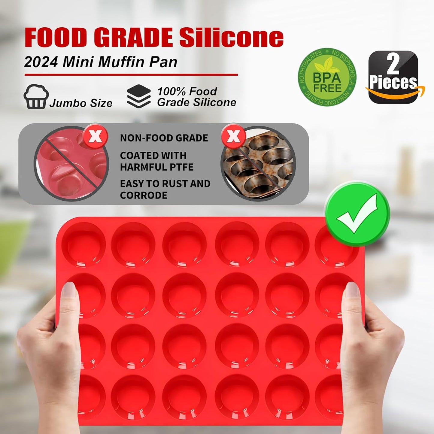 24 Cup Silicone Mini Muffin Pan,Nonstick Food Grade Silicone Baking Cups, Great for Making Muffin Cakes, Tart, Bread- Just Pop Out