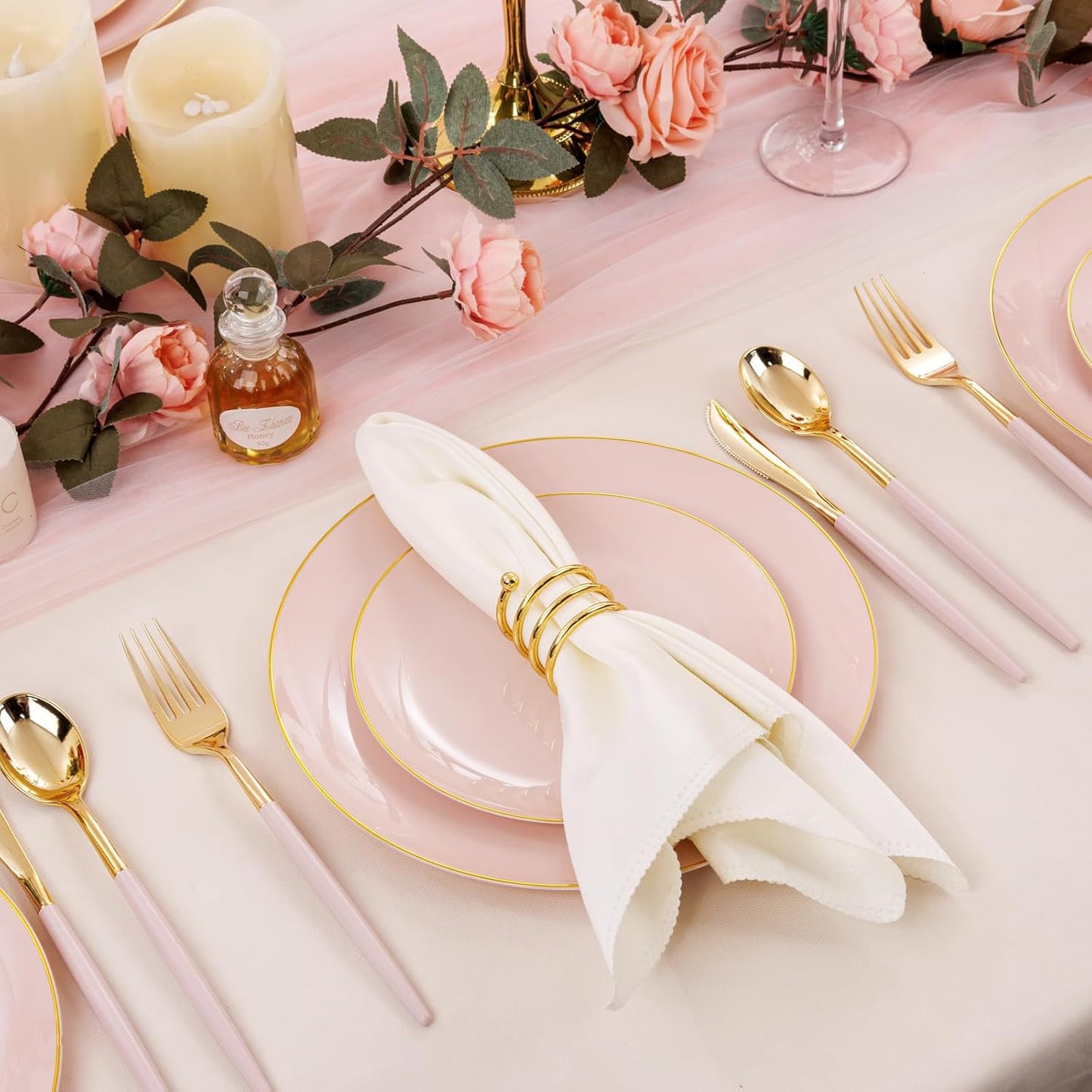 DaYammi 150Pcs Pink and Gold Plastic Plates Heavy Duty Gold Rimmed Plates Pink Plastic Disposable Plate Included 30 Dinner plates,30 Dessert plate,30 Knives,30 Forks,30 Spoons for Wedding Party