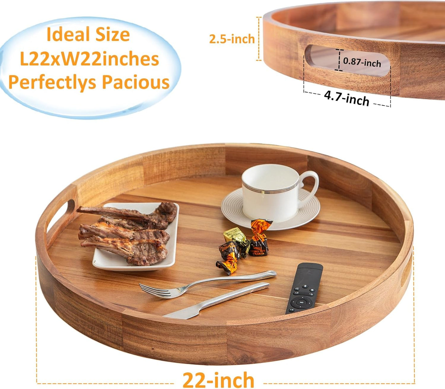 Wooden Serving Tray with Handles 22 Inch Extra Large Round Ottoman Tray Acacia Large Wood Trays Ottoman Living Room Wooden Trays