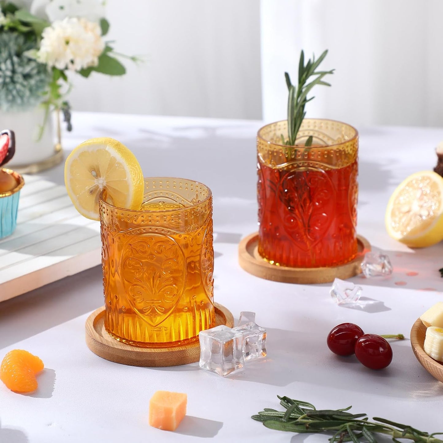 24 Plastic Vintage Drinking Glasses 8.5oz Stemless Retro Embossed Wine Glasses Shatterproof Reusable Cups for Baby Shower Wedding Reception Grand Event Party (Yellow)