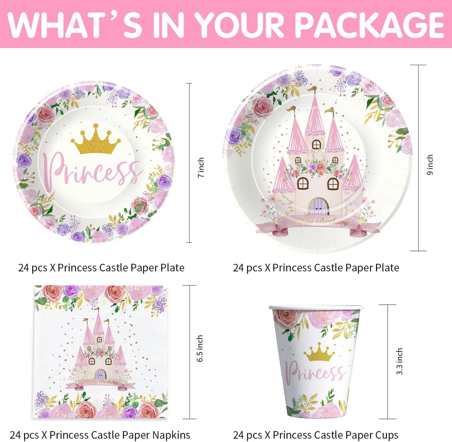 Princess Party Decorations Tableware - Princess Birthday Party Supplies Include Plates, Cups, Napkins, Tablecloth, Cutlery, Straw, Girl Birthday Baby Shower Party Decorations | Serve 24