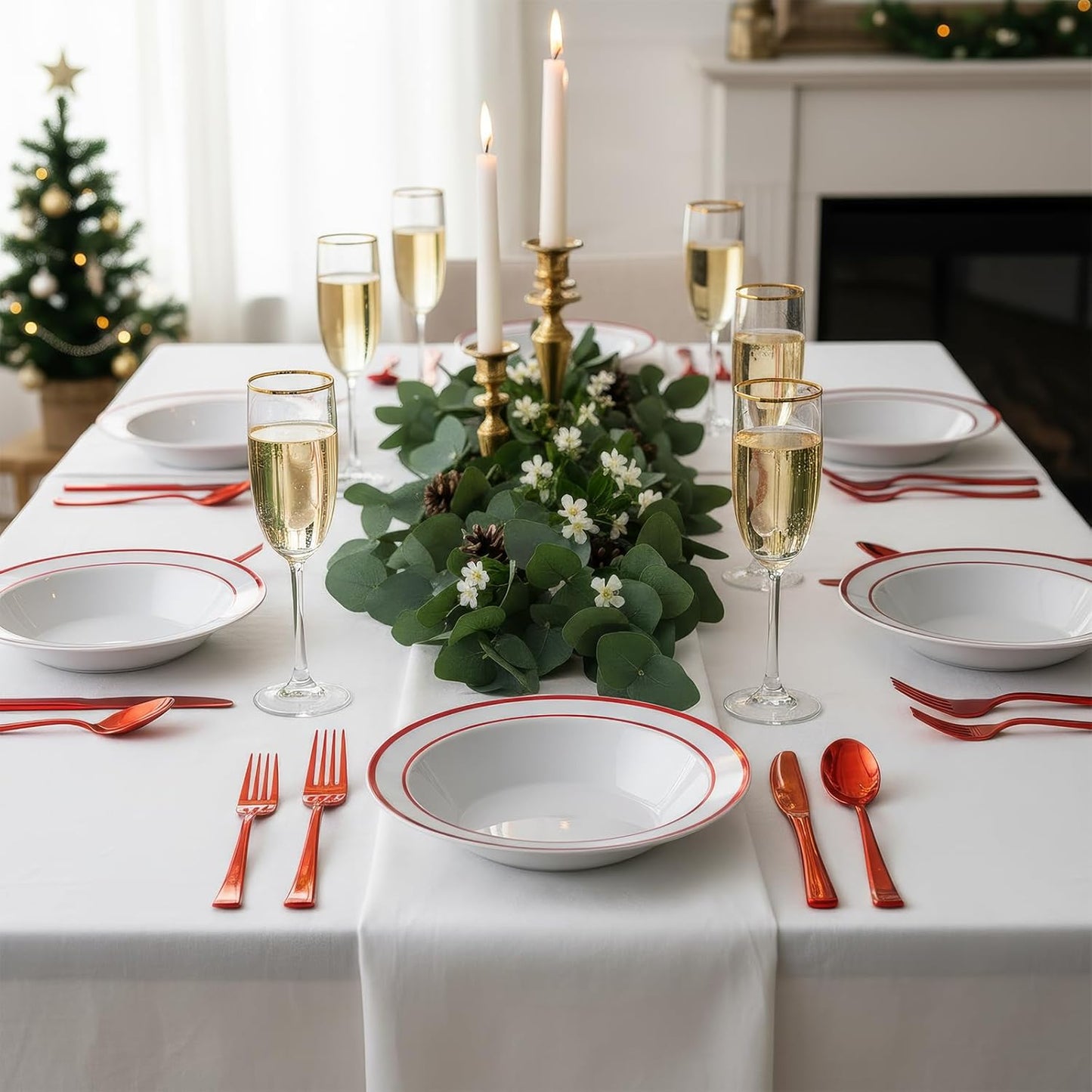 Goodluck 100 Pack Plastic Bowls with Red Rim, 12oz Disposable Soup Bowls, Heavy Duty Dessert Bowls for Weddings, Parties, Christmas Dinners, Catering, Thanksgiving and Everyday Use