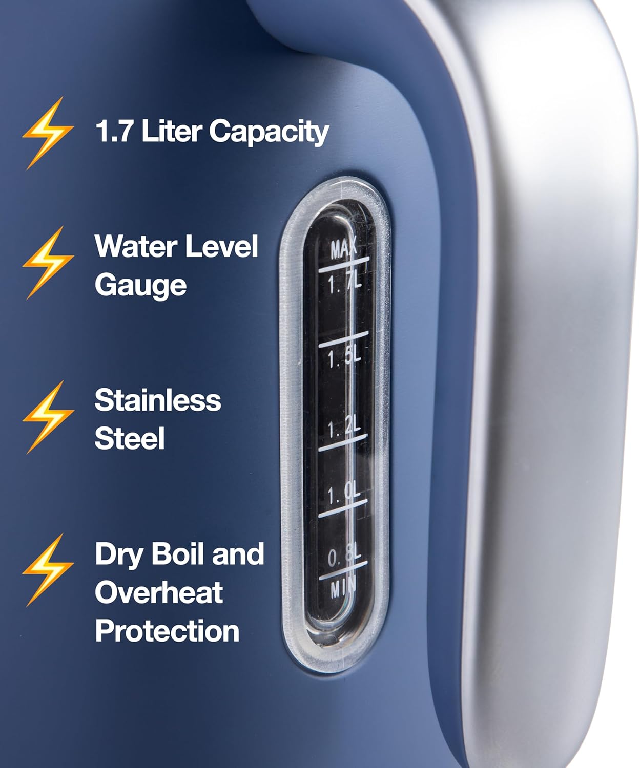 Rae Dunn Electric Hot Water Kettle - Stainless Steel Coffee Maker, Tea Kettle, Swivel Base, With Automatic Shut Off Boil-Dry Protection, Easy Pour Pitcher, 1500 Watt Boiling Power, 1.7 Liters, Navy