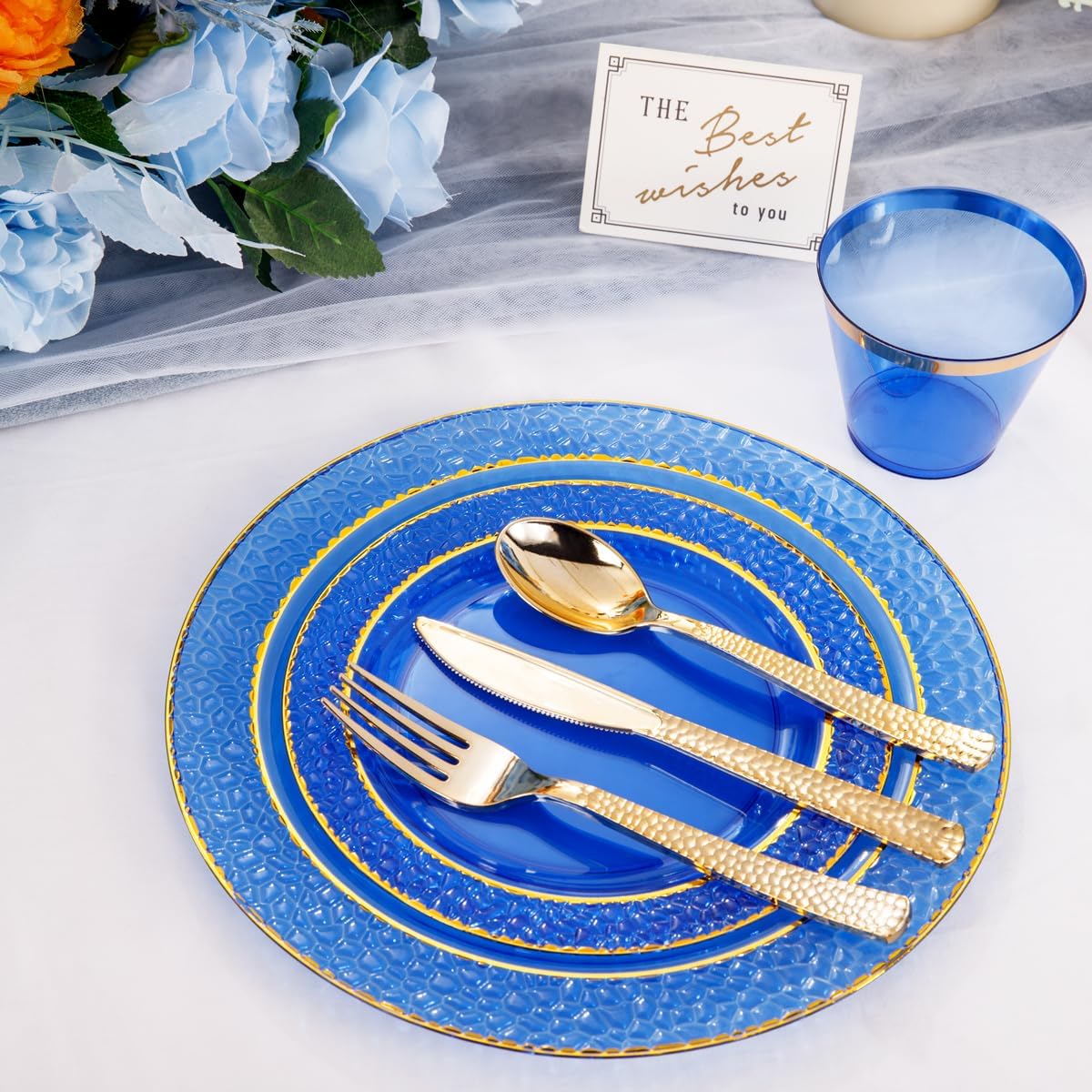 Nervure 150PCS Clear Blue Plastic Plates - Gold Party Plates - Blue and Gold Dinnerware Set Include: 50 Disposable Plate, 25Cups, 25Forks, 25Knives, 25Spoons for Wedding & Party & Father's Day