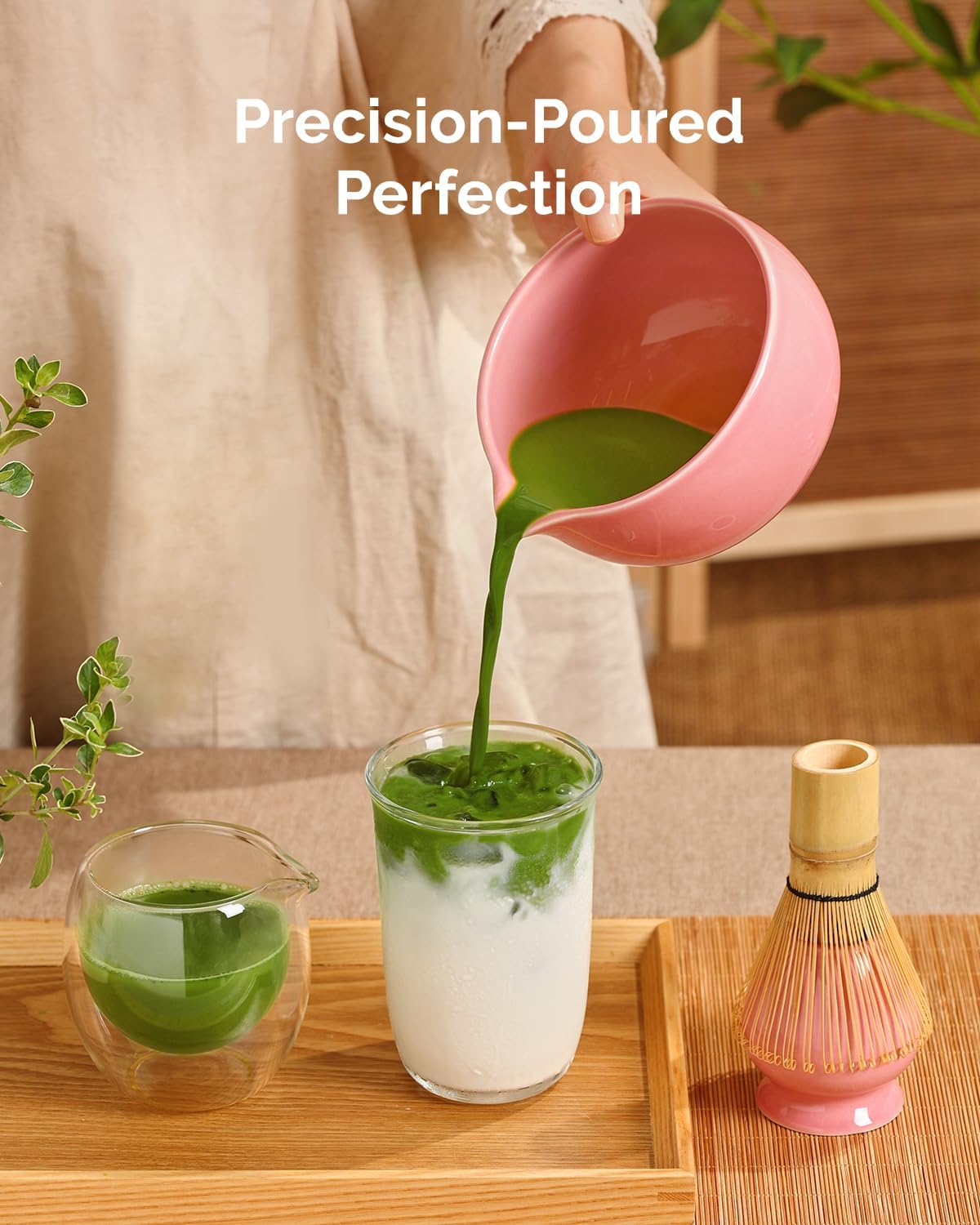 Maestri House 7 Pcs Matcha Whisk Set, Ceramic Tea Kit with Spouted Bowl, Whisk & Holder, Bamboo Scoop, Scoop Rest, Sifter & Cloth – Complete Japanese Tea Gift Set for Beginners & Tea Lovers (Pink)