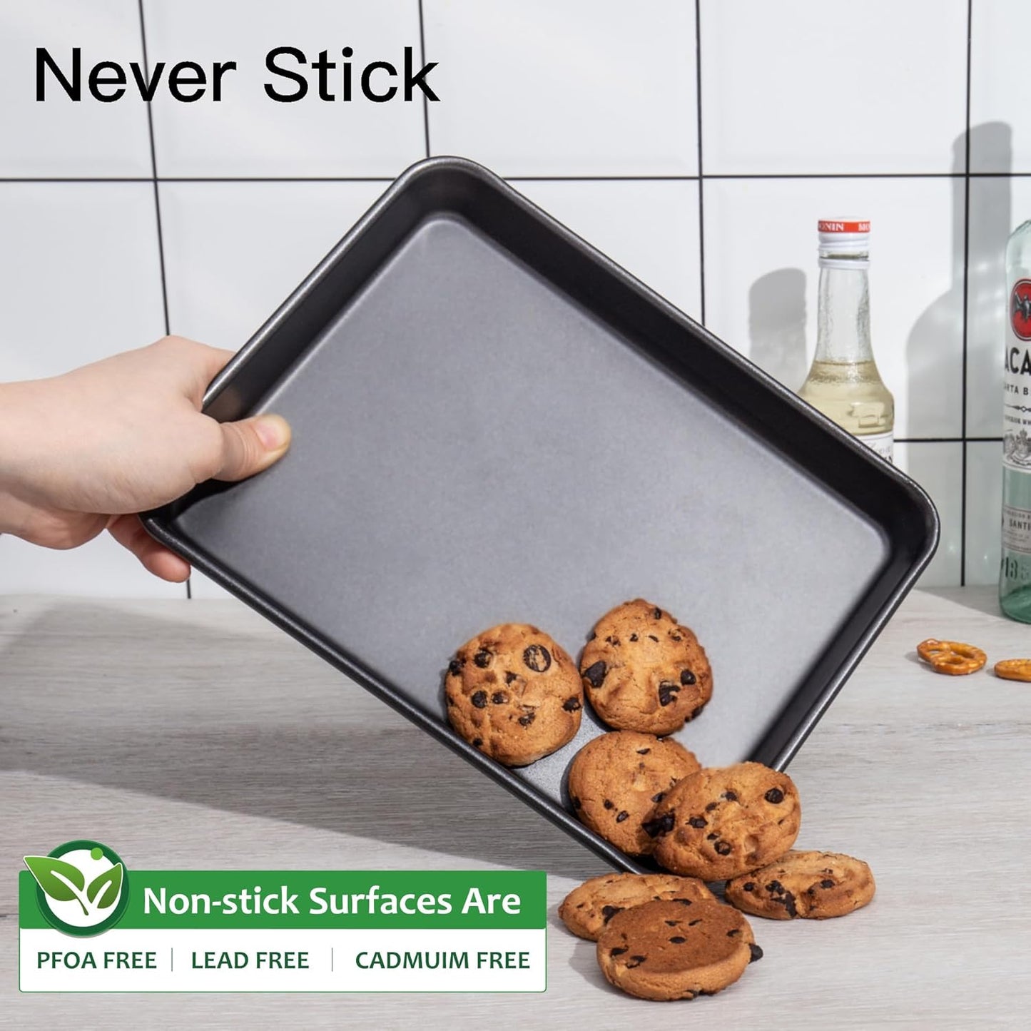 HONGBAKE 2 Pack 9.7X7.5" Toaster Oven Pans for Baking, 57% Thicker Nonstick 1/8 Cookie Sheet Pan Set, Small Baking Tray, Dishwasher Safe and Heavy Duty, Black