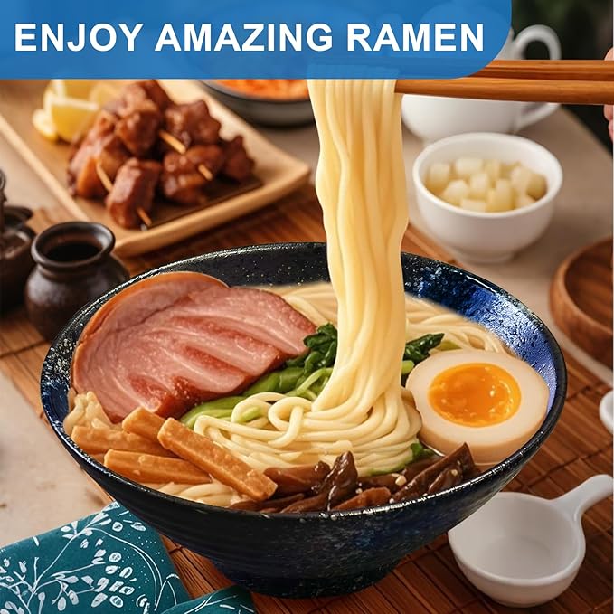 8-Inch Ceramic Ramen Bowl Set of 2 (9 Piece) - Porcelain Japanese Salad Noodles Cereal Fruit Pasta Soup Large Bowls with Recipes Chopsticks Forks Spoons for Men Women Gift Microwave & Dishwasher Safe