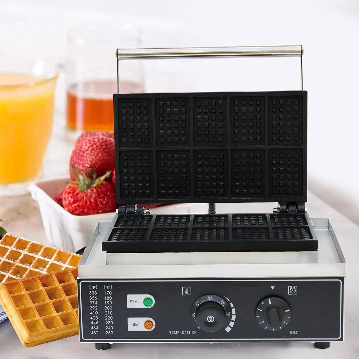 1550W 10 Grids Belgian Waffle Maker Machine with Temp and Time Control 122-572℉, 0-5 Mins, Non-Stick Plates Commercial Waffles Iron w/ 10 Molds, Stainless Steel Electric Waffle Making Machine