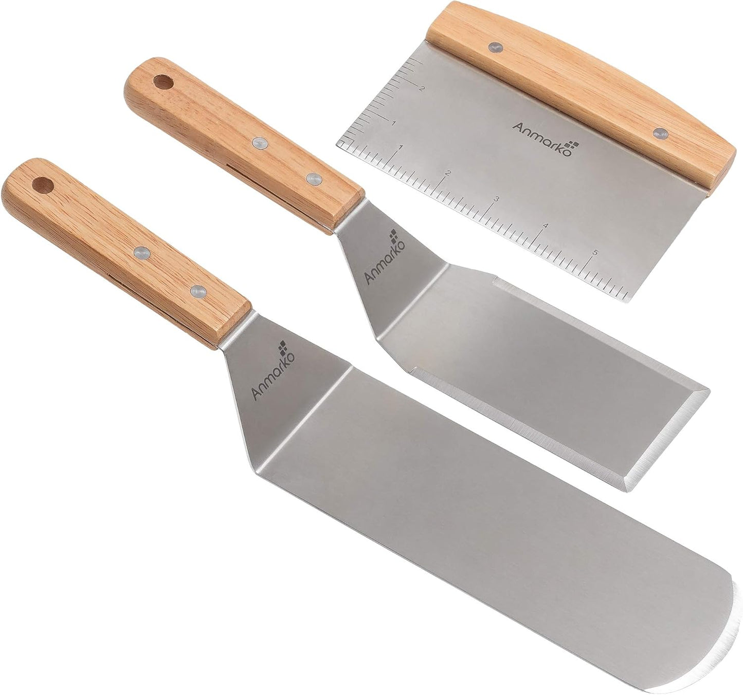 Anmarko Professional Griddle Spatula Set - Stainless Steel Metal Spatula and Griddle Scraper - Heavy Duty Commercial Grade