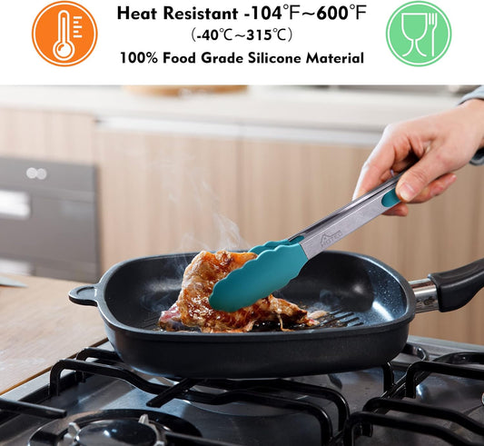 HOTEC Premium Stainless Steel Locking Kitchen Tongs with Silicon Tips, Set of 2-9" and 12", Turquoise