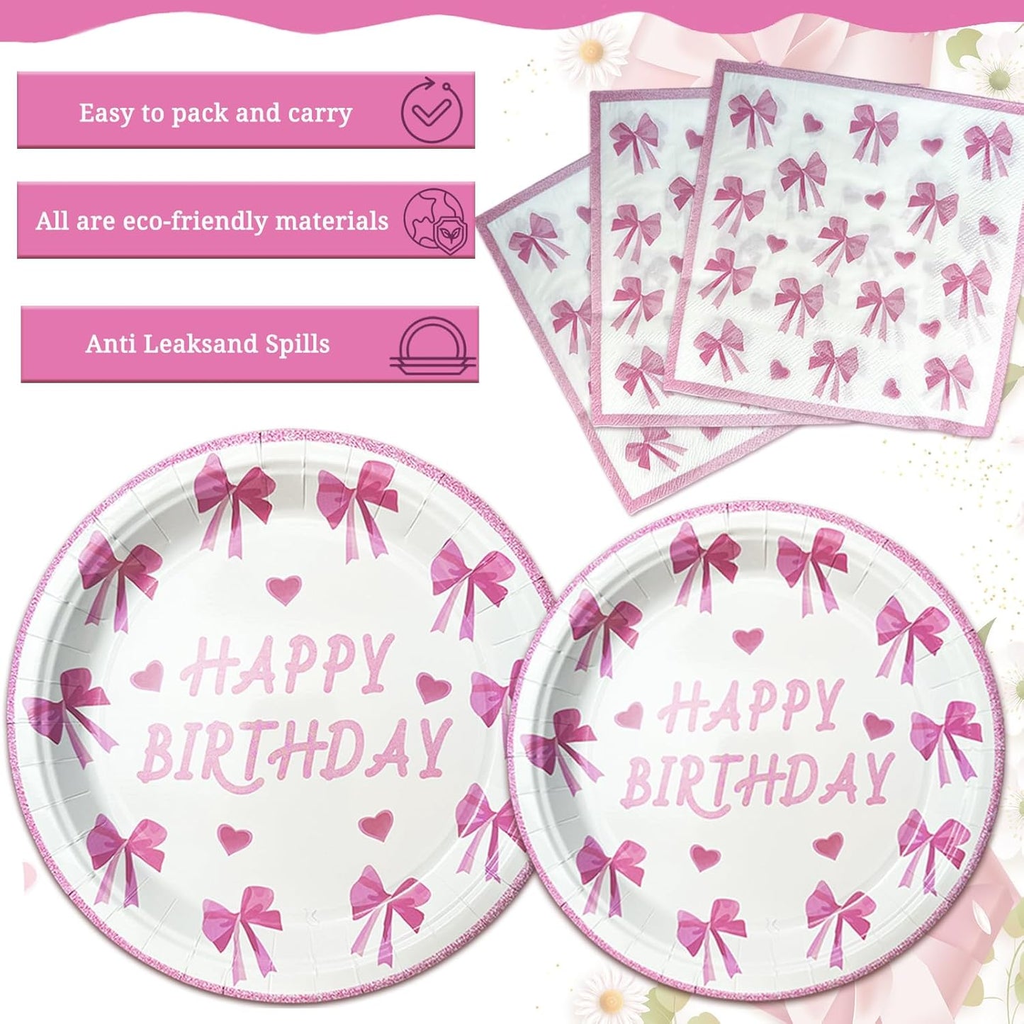 175 PCS Coquette Birthday Plates and Napkins Sets Includes Disposable Plates Dessert Plates Napkins Cups Plastic Knives Forks Spoons Disposable Dinnerware Set For Pink Bow Party (25 Guest)