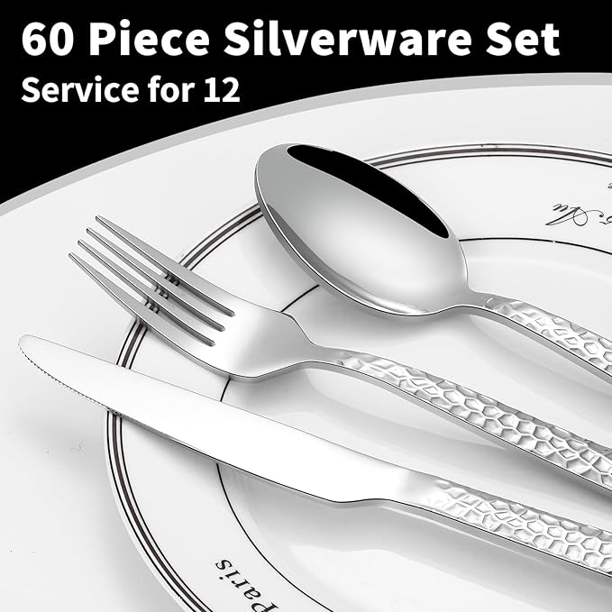 Silverware Set for 12, Amafox 60-Piece Stainless Steel Hammered Flatware Set, Kitchen Utensil Cutlery Set Include Knives Forks and Spoons, Mirror Finished Silverware Sets, Dishwasher Safe