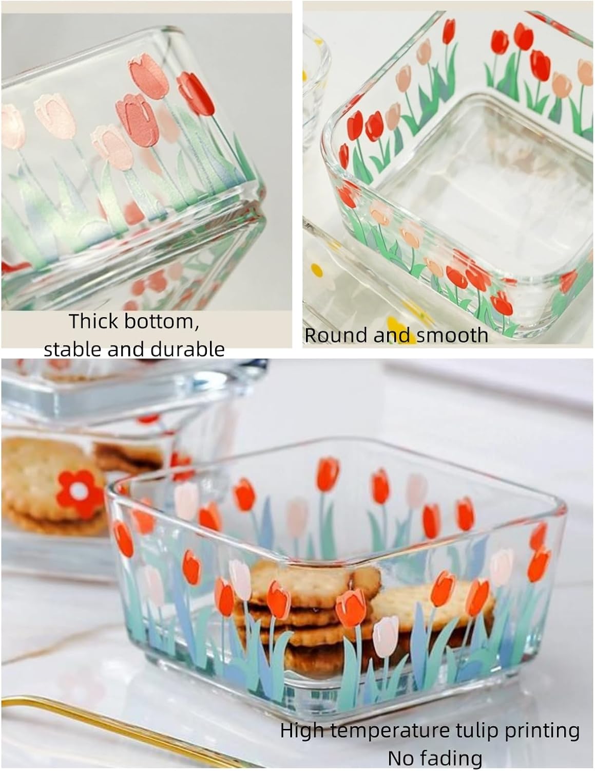 9 OZ Small Flower Candy Dish Floral Candy Bowl Cute Tulip Square Glass Bowl for Snack,Dessert,Fruit,Icecream,Yogurt,Dipping,Prep,Mini Clear Serving Bowl,set of 2