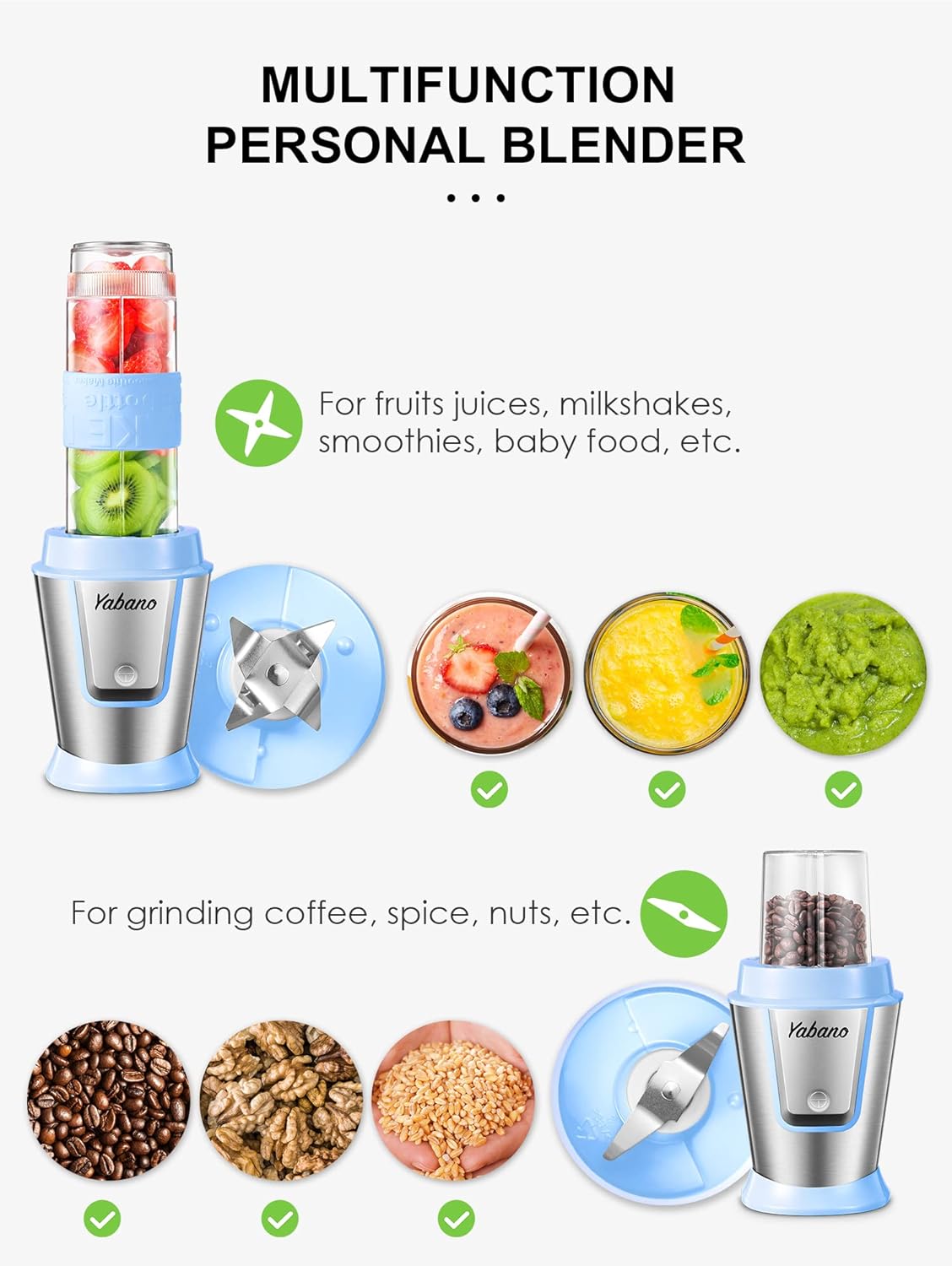 Personal Blender, Electric Shake Bottle with 2 x 20oz Travel Bottle and Coffee/Spices Jar, Portable Shaker Cups for Protein Shakes, 500W Single Serve Blender for Shakes and Smoothies, Sports(Blue)