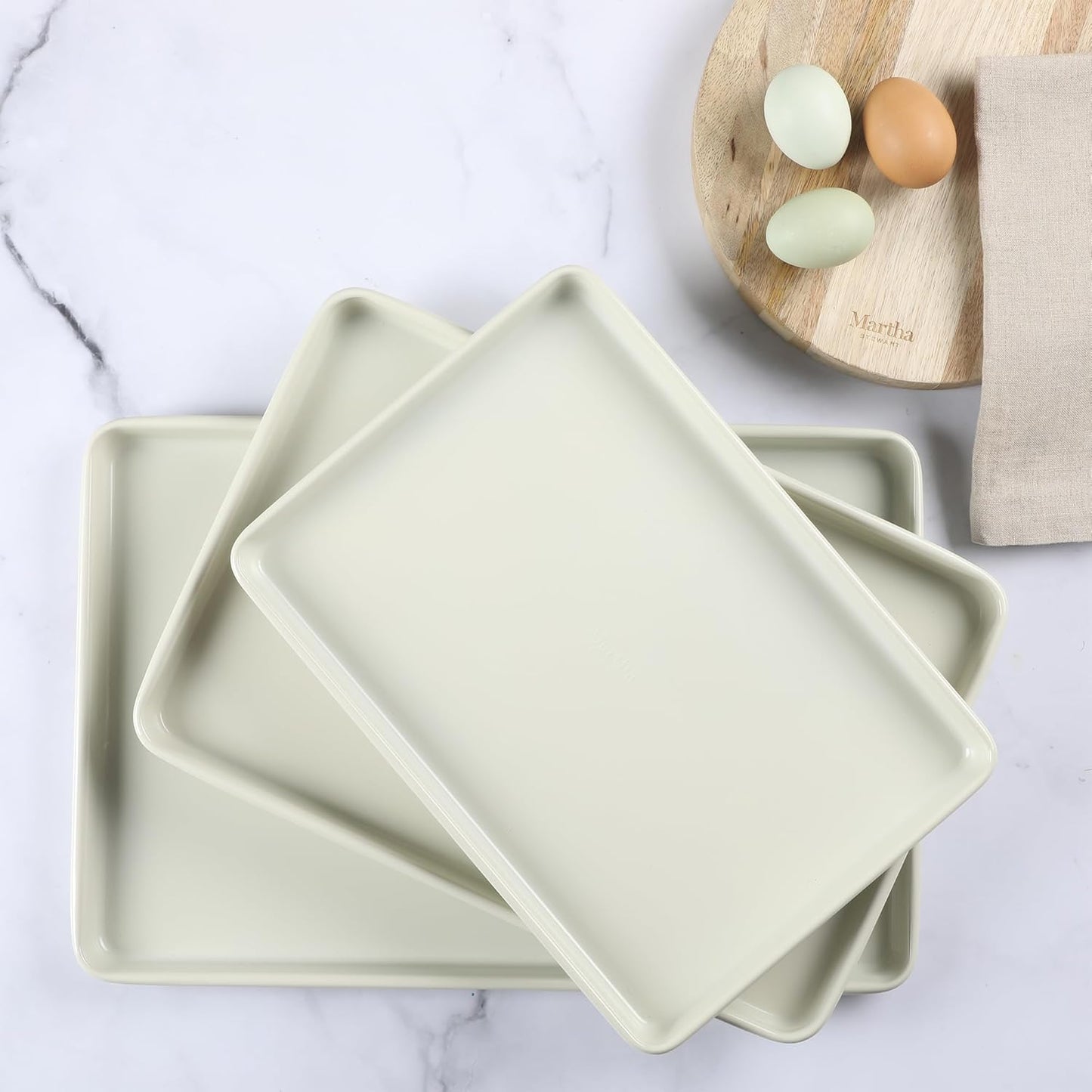 Martha Stewart Gallen 3-Piece Cookie Sheet Set – 13", 15", 17" Baking Pans, Ceramic Nonstick, PFA-Free, Carbon Steel – Oven Safe to 450°F, Warp-Resistant, Easy to Clean - Linen White