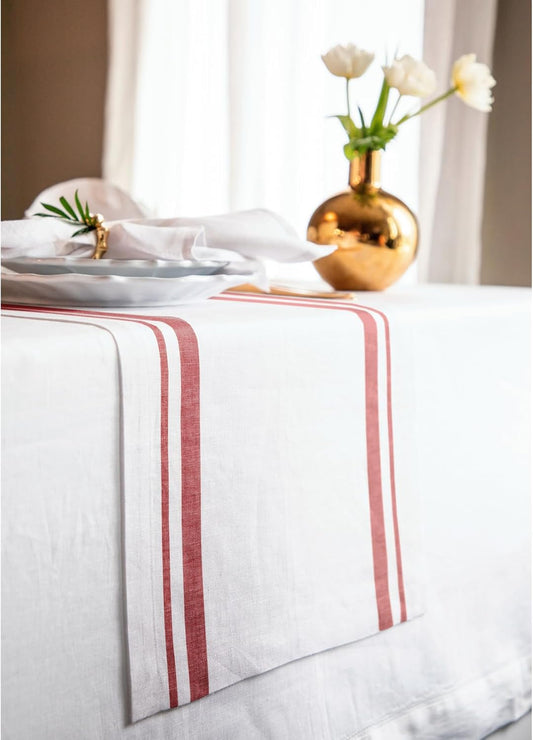 Solino Home Linen Table Runner 120 Inches Long - French Stripe, 100% Pure Linen Red and White Farmhouse Table Runner 14 x 120 Inch Ideal for Dining, Christmas