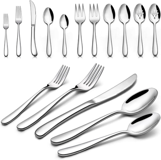 66-Piece Heavy Duty Silverware Set for 12, LIANYU Thick Flatware Set with Serving Utensils, Stainless Steel Cutlery Tableware Include Fork Knife Spoon, Mirror Finished, Dishwasher Safe