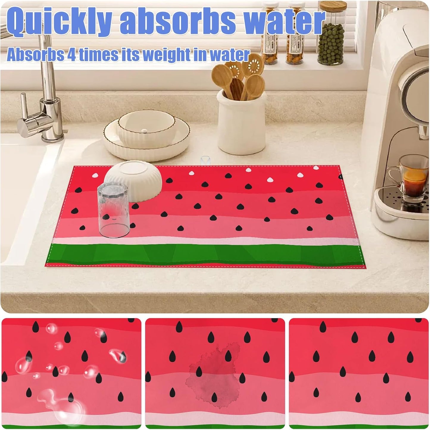 Watermelon Dish Drying Mat for Kitchen Counter Fruit Drying Pad Absorbent Reversible Dish Drainer Rack Mats Draining Pad 18"x24"Inch