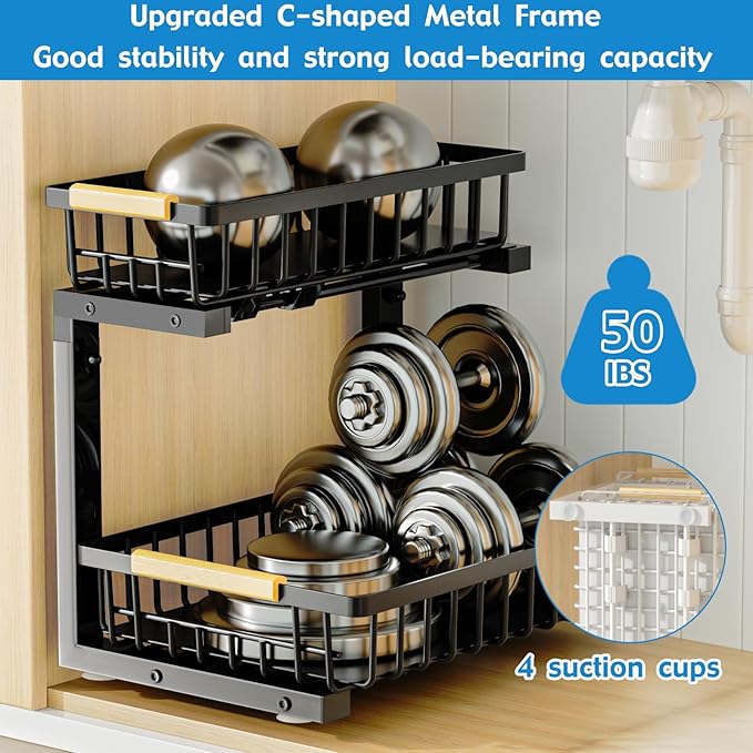 2Pcs Under Sink Organizer, Adjustable Under Sink Organizers and Storage, 2-Tier Pull Out Under Kitchen Sink Organizer, Sliding Out Metal Under Bathroom Sink Organizer for Kitchen Pantry Black