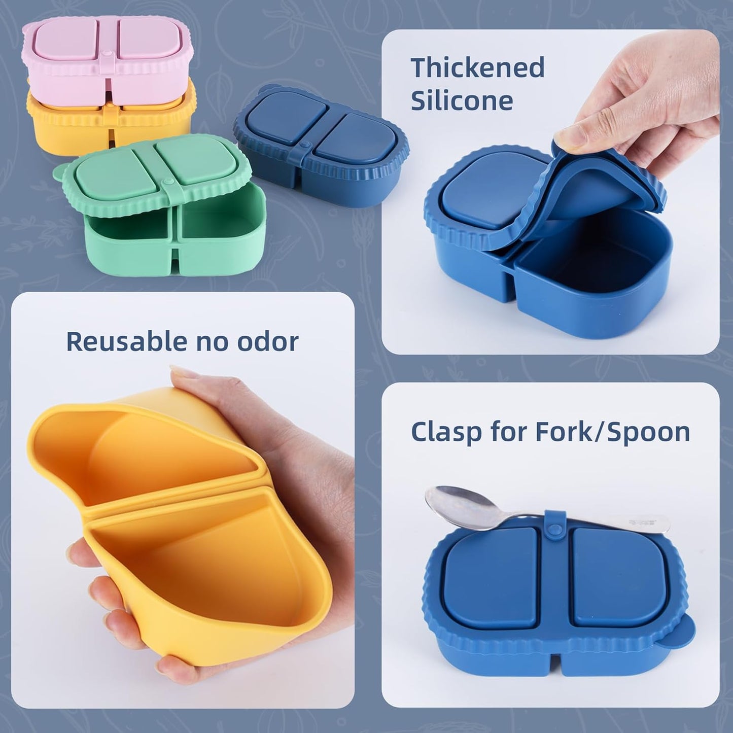 MACTANO 8.5 OZ Silicone Snack Container, 4 Sets Double Compartment Reusable Snack Box with Lids for Sauce