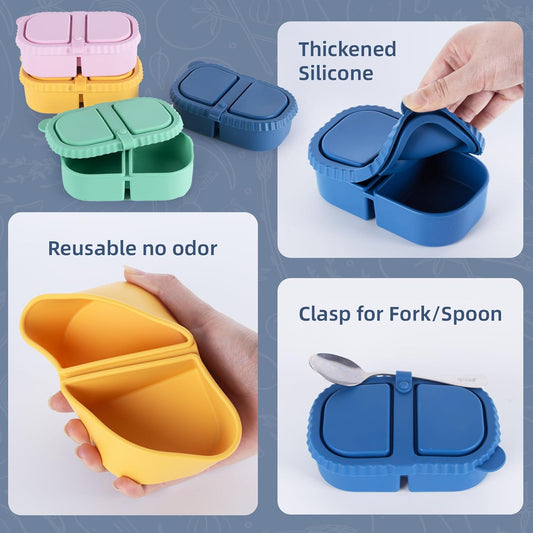 MACTANO 8.5 OZ Silicone Snack Container, 4 Sets Double Compartment Reusable Snack Box with Lids for Sauce