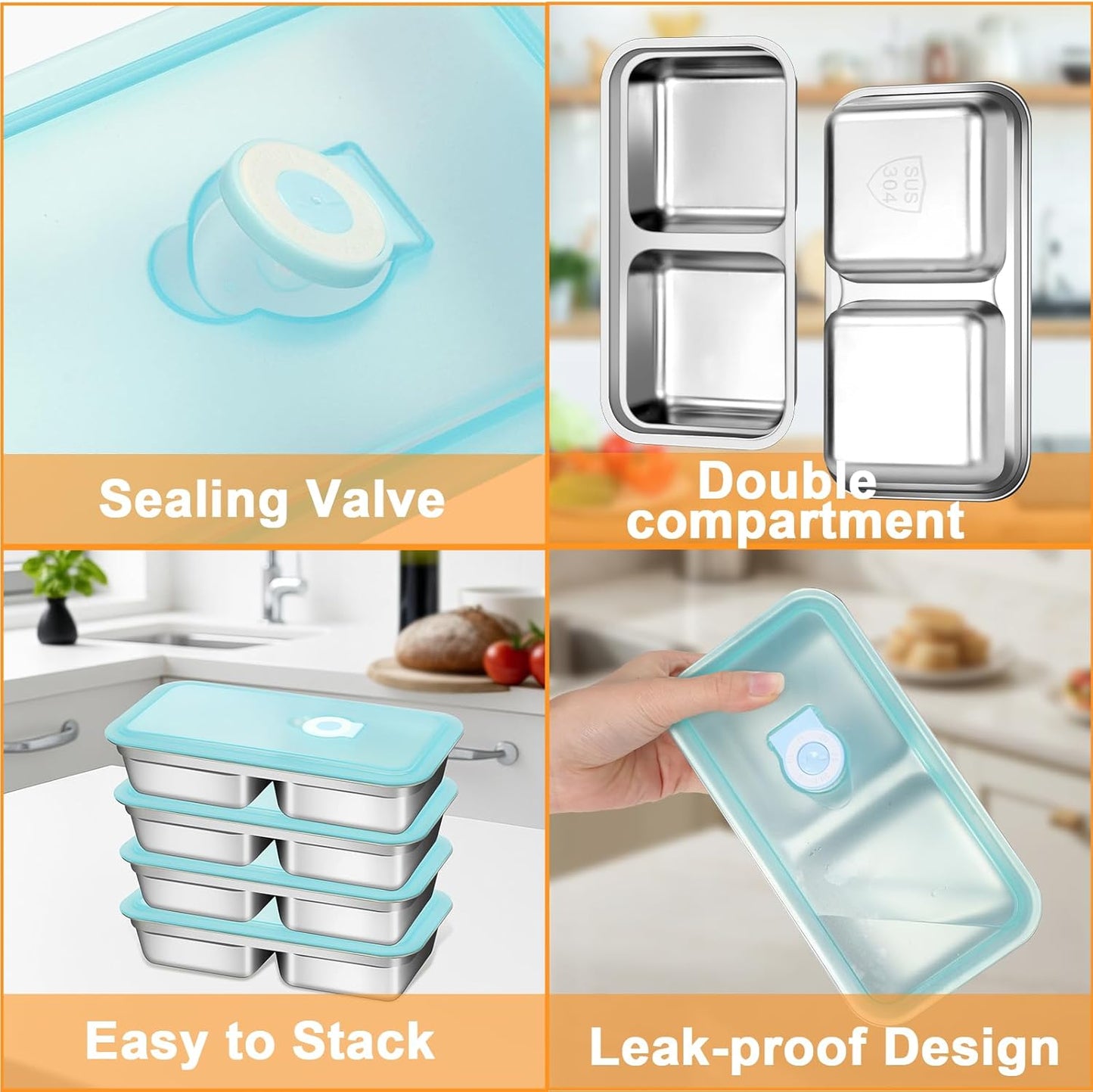 Stainless Steel Snack Containers with Lids, Reusable 2 Compartment Stainless Steel Bento Lunch Box, Food Storage, 2 Pack with Forks, Leak Proof, Dishwasher-Safe, Grab and Go for Work, Travel