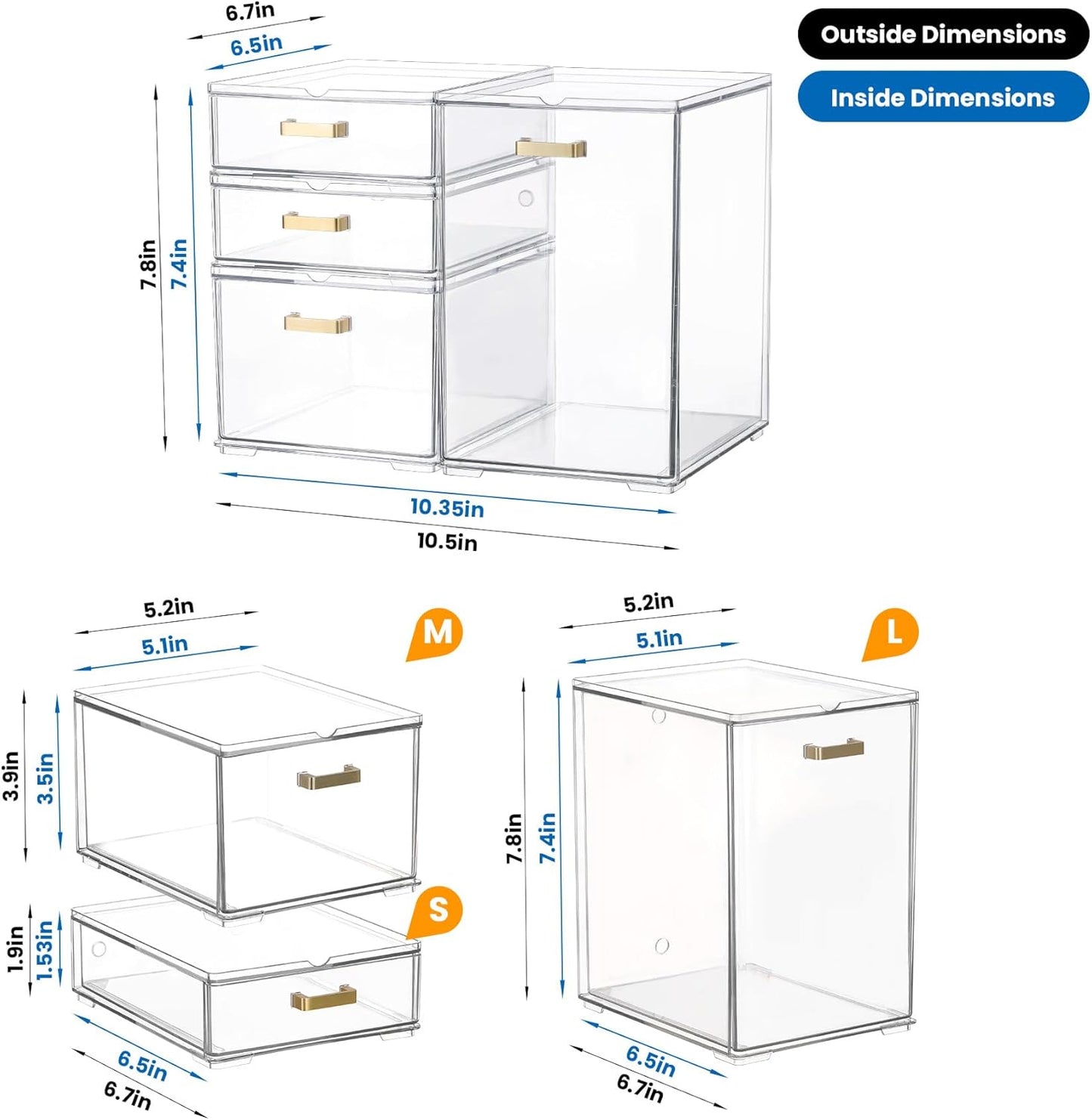 4Pack Stackable Storage Drawers, Clear Plastic Organizer Bins for Bathroom and Office Organization, Perfect for Cosmetic, Beauty Supplies, Accessories