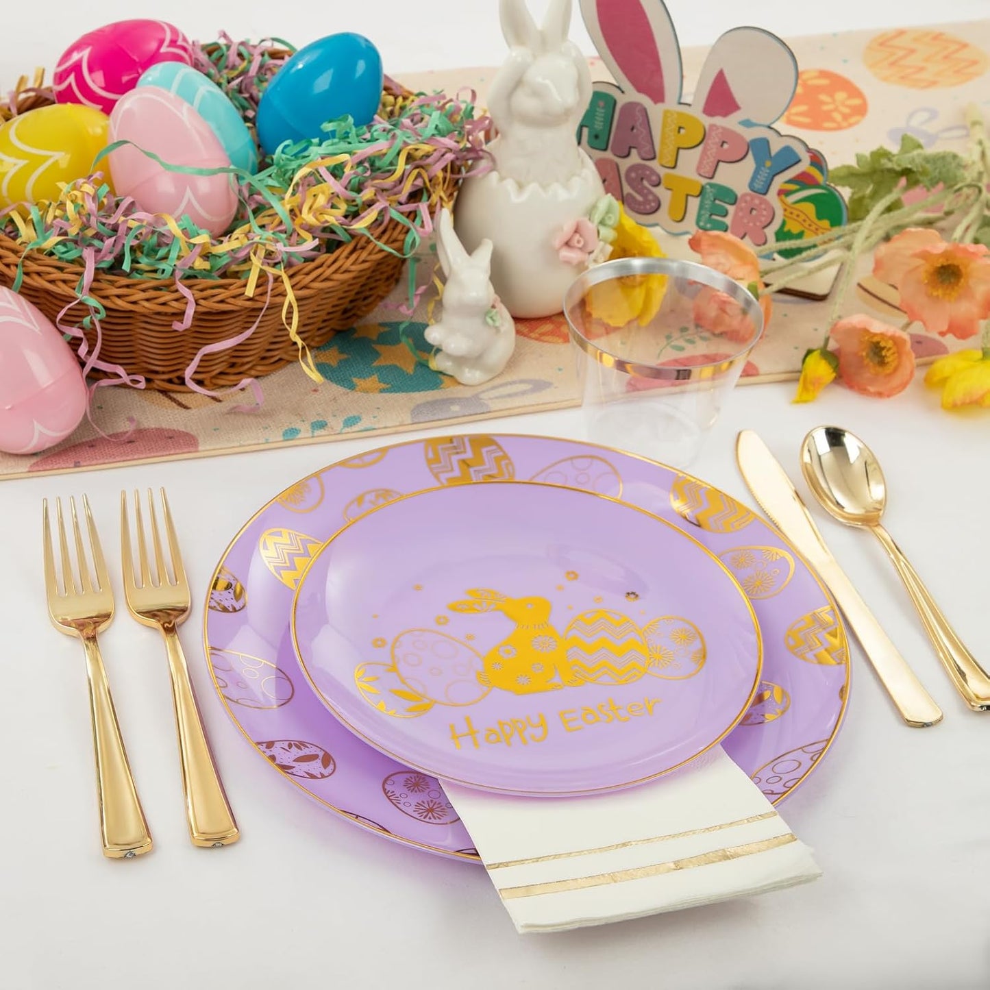 Festiva 175Pcs Easter Plates and Napkins Disposable - Purple and Gold Plastic Dinnerware Set for 50 guests include 50 Plates 25Cups 25Plastic Silverware 25Napkins Perfect for Easter Party