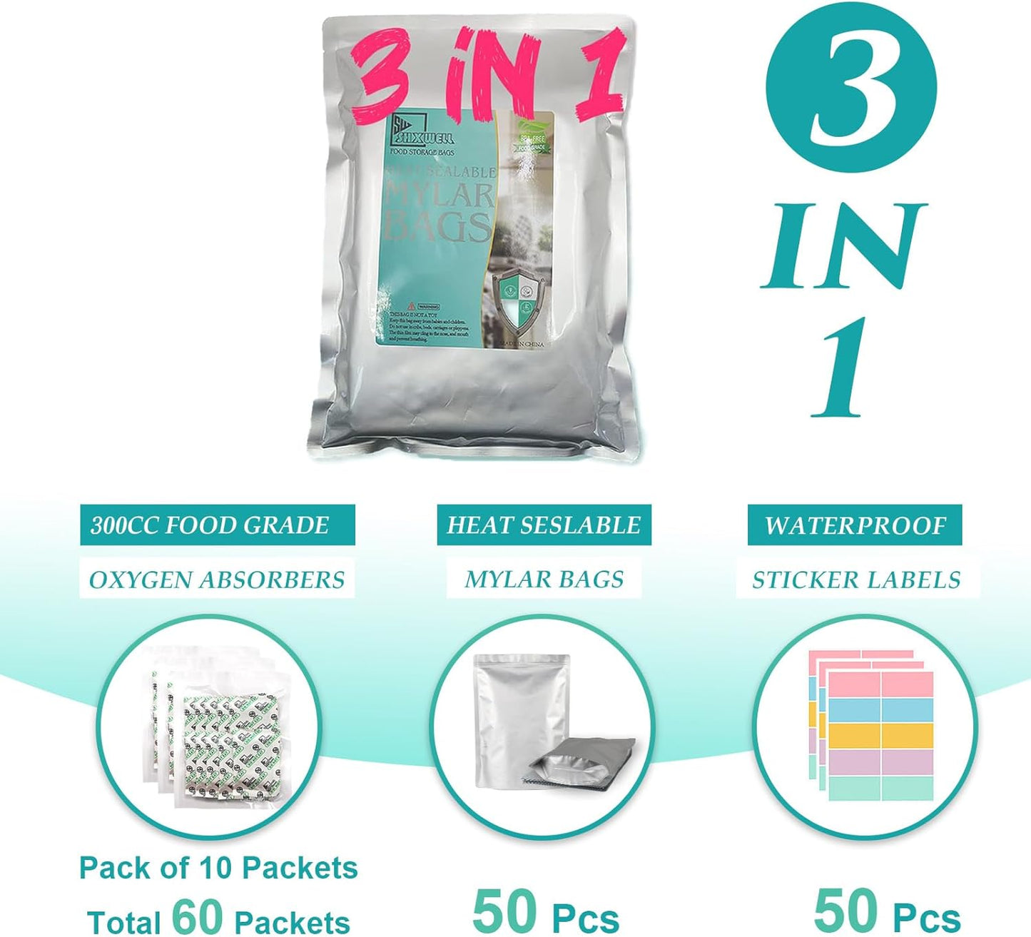 SHXWELL 50pcs 2 Quart Mylar Bags for Food Storage with Oxygen Absorbers 300CC (6 Packs of 10pcs) and Labels, 10 Mil 8"x12" Zipper Pouches Resealable and Heat Sealable for Long Term Food Storage