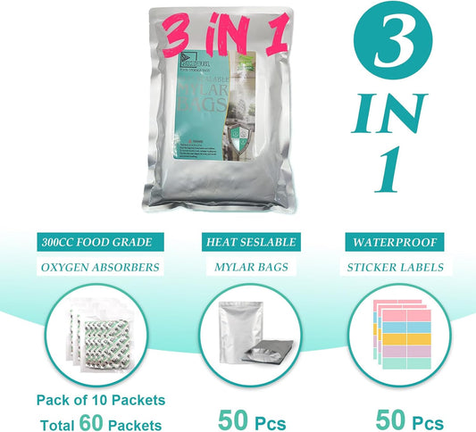 SHXWELL 50pcs 2 Quart Mylar Bags for Food Storage with Oxygen Absorbers 300CC (6 Packs of 10pcs) and Labels, 10 Mil 8"x12" Zipper Pouches Resealable and Heat Sealable for Long Term Food Storage