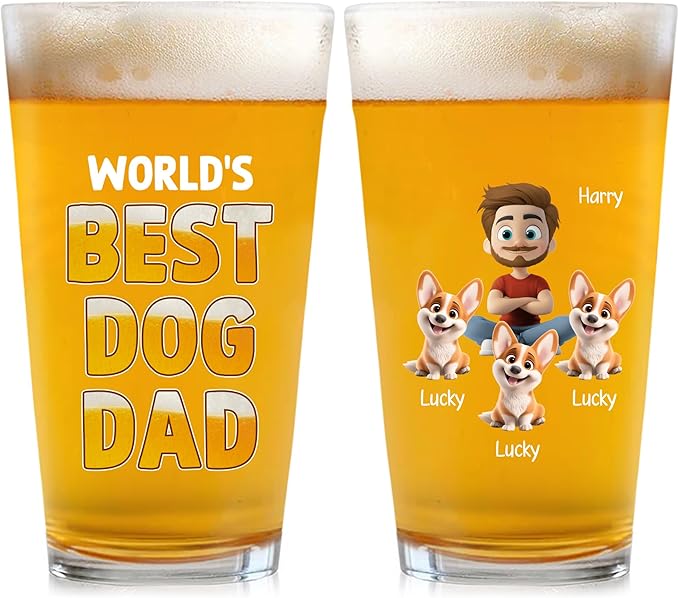 Wrappiness Best Mom Dad Logo Personalized Custom Beer Glass - 16oz Glassware for Beer Soda Cocktails - Gift for Dog Lovers, Father's Day, Birthday Gift for Parents (B04, 3 Dogs)