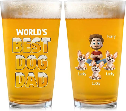 Wrappiness Best Mom Dad Logo Personalized Custom Beer Glass - 16oz Glassware for Beer Soda Cocktails - Gift for Dog Lovers, Father's Day, Birthday Gift for Parents (B04, 3 Dogs)