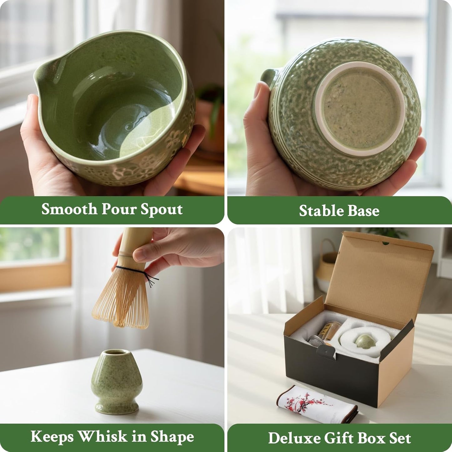 Matcha Whisk Set - Ceramic Matcha Set Includes Matcha Bowl, Whisk and Holder, Bamboo Scoop, Scoop Rest, Sifter and Tea Towel - 7 Pcs Ceremonial Gift Kit for Matcha Lovers (Floral Green)