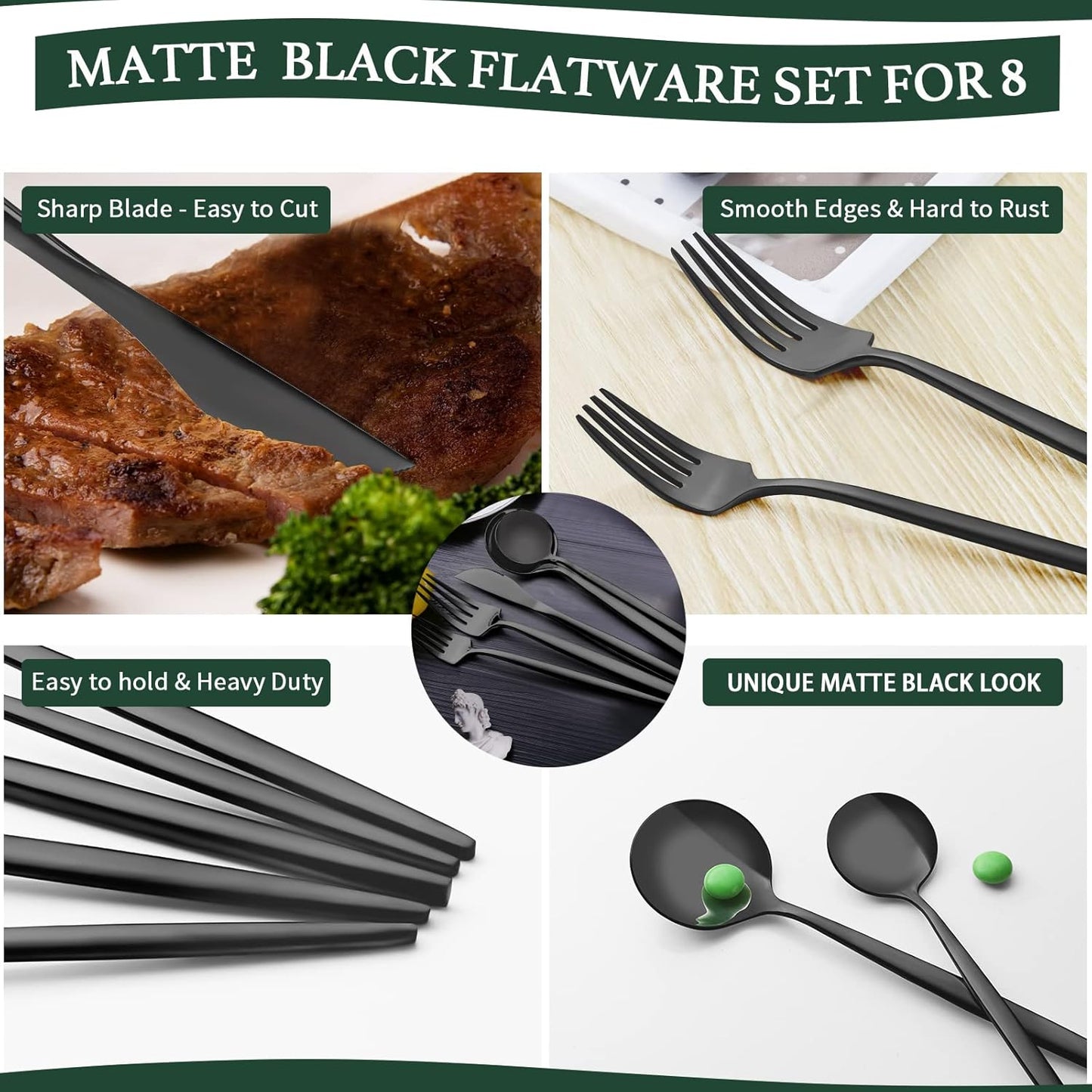 40-Piece Matte Black Silverware Set for 8, CEKEE Stainless Steel Flatware Cutlery Set, Cutlery Kitchen Utensils Set for Home Restaurant Apartment, Include Knife Forks and Spoons Silverware Set