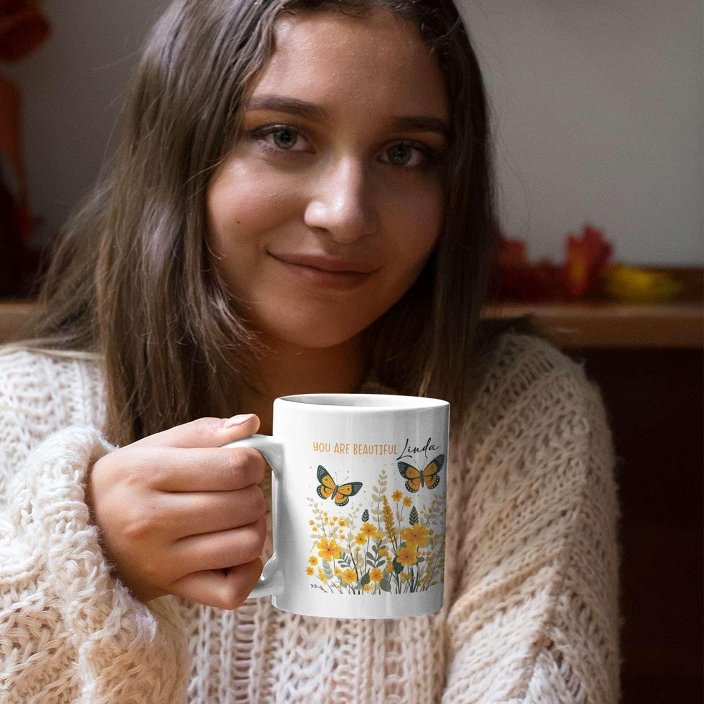 Novelty Customized You Are Beautiful Travel Mugs, Custom Unique Ceramic Cup With Lovely Butterfly And Flowers 11oz 15oz, Personalized Name On Animal Mug Presents On Graduation