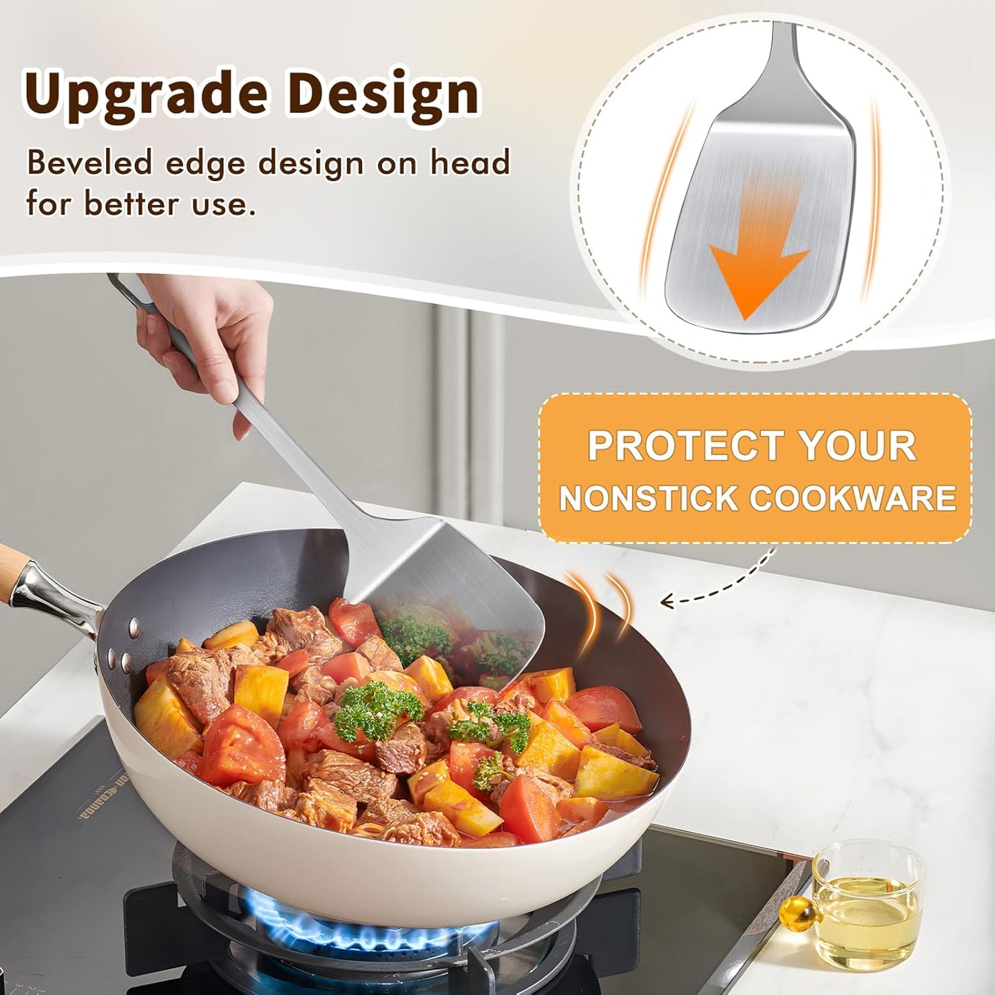 2 Pcs Spoons Cooking Utensils Set, Stainless Steel Kitchen Utensils, Heat Resistant Metal Kitchen Tools Include Solid & Slotted Serving Spoon, Ergonomic Handle, Dishwasher Safe, Easy to Clean, Silver