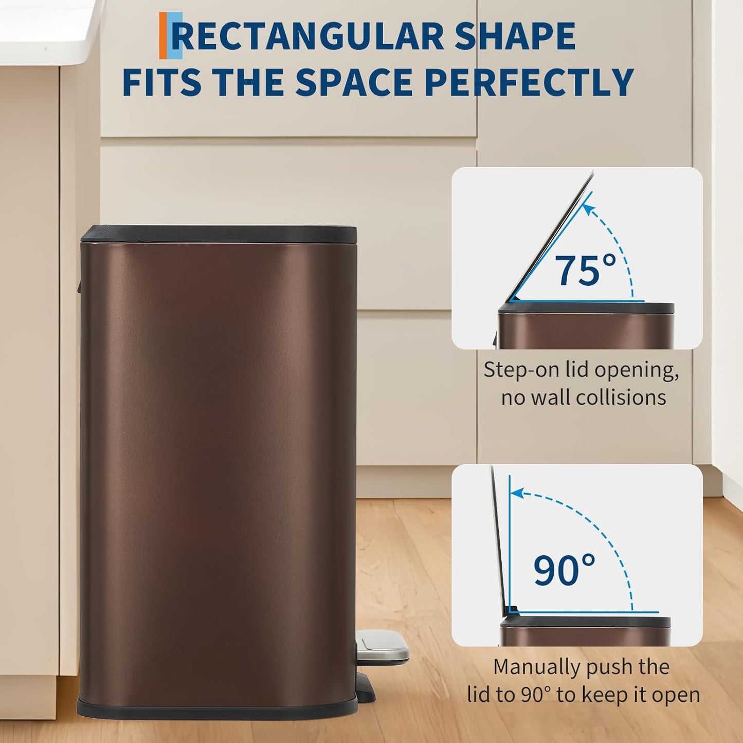 Trash Can for Kitchen, 5.3 Gallon Stainless Steel Garbage Can with Soft-Close Lid, Rectangular Trash Can with Step-On Pedal and Inner Bucket for Home Office Bathroom Living Room, Brown
