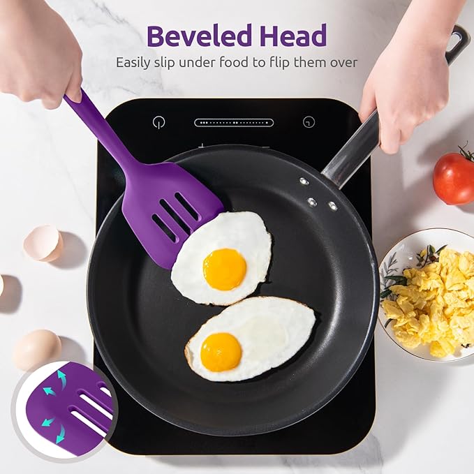 600ºF Heat Resistant Slotted Turner: U-Taste 13.6in Silicone Kitchen Spatula Flipper, 3.74in Wide Food Grade Flexible Thin Rubber Cooking Utensil for Egg, Pancake, Cookie in Nonstick Cookware (Purple)