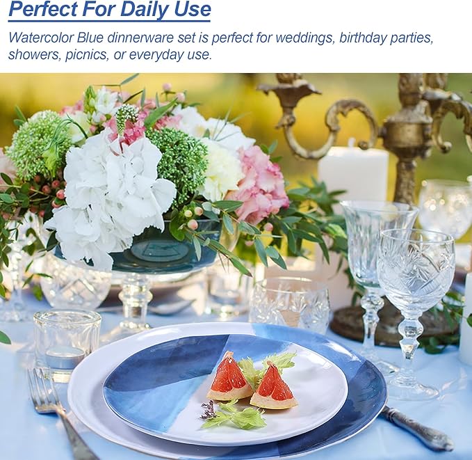 Melamine Plates and Bowls Set - 12pcs Dinnerware Dishes Set for 4, Dinner Plates for Indoor and Outdoor Use, Lightweight Break-resistant, Blue & White