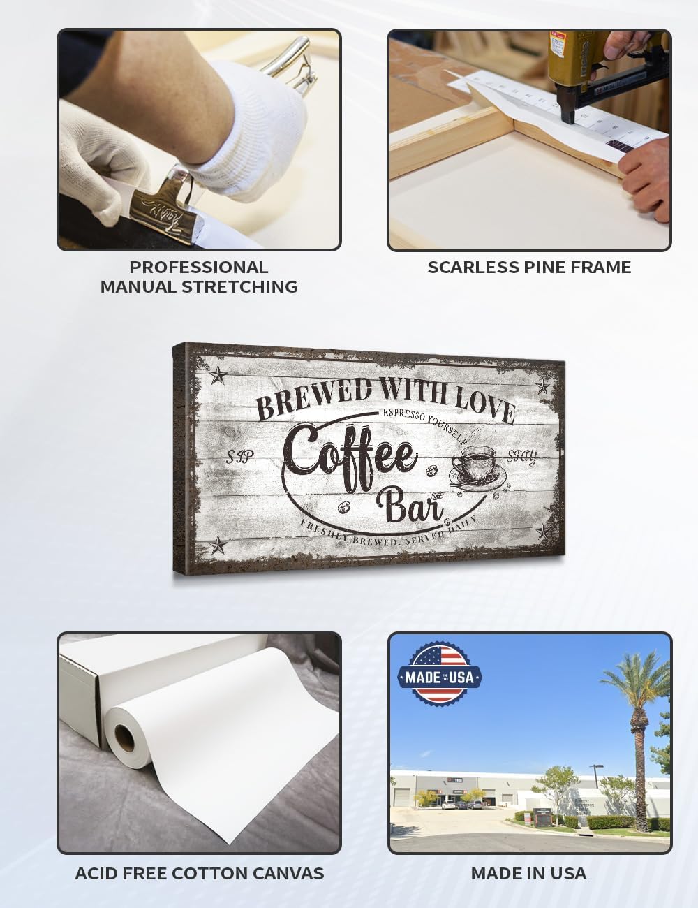 IPIC - Vintage Coffee Bar Sign Brewed with Love, Canvas Print Wall Art for Cafe, Farmhouse Style Wall Decor for Home Kitchen and Coffee Station