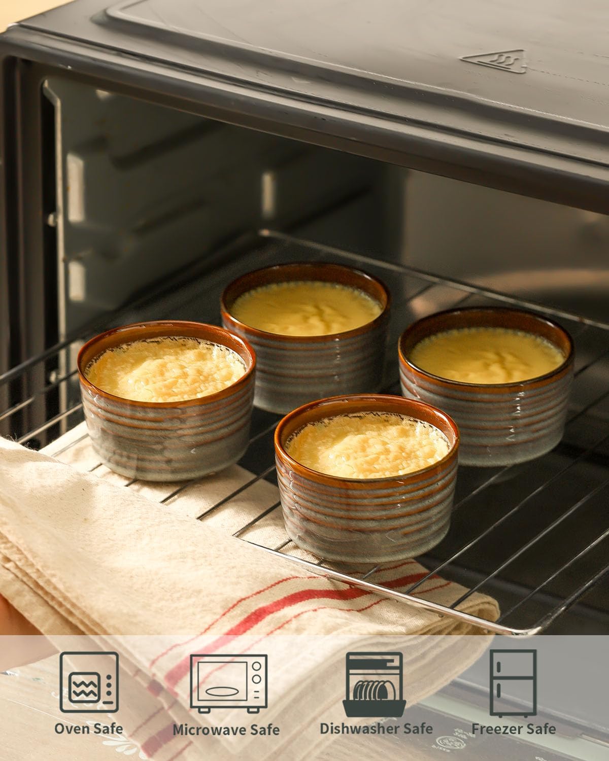 Hasense Ramekins Oven Safe, Ceramic Creme Brulee Dish for Baking Set of 6, 4 Ounce Dipping Sauce Bowls for Pudding, Souffle,Serving Dip,Custard,Ice Cream, Light Grey