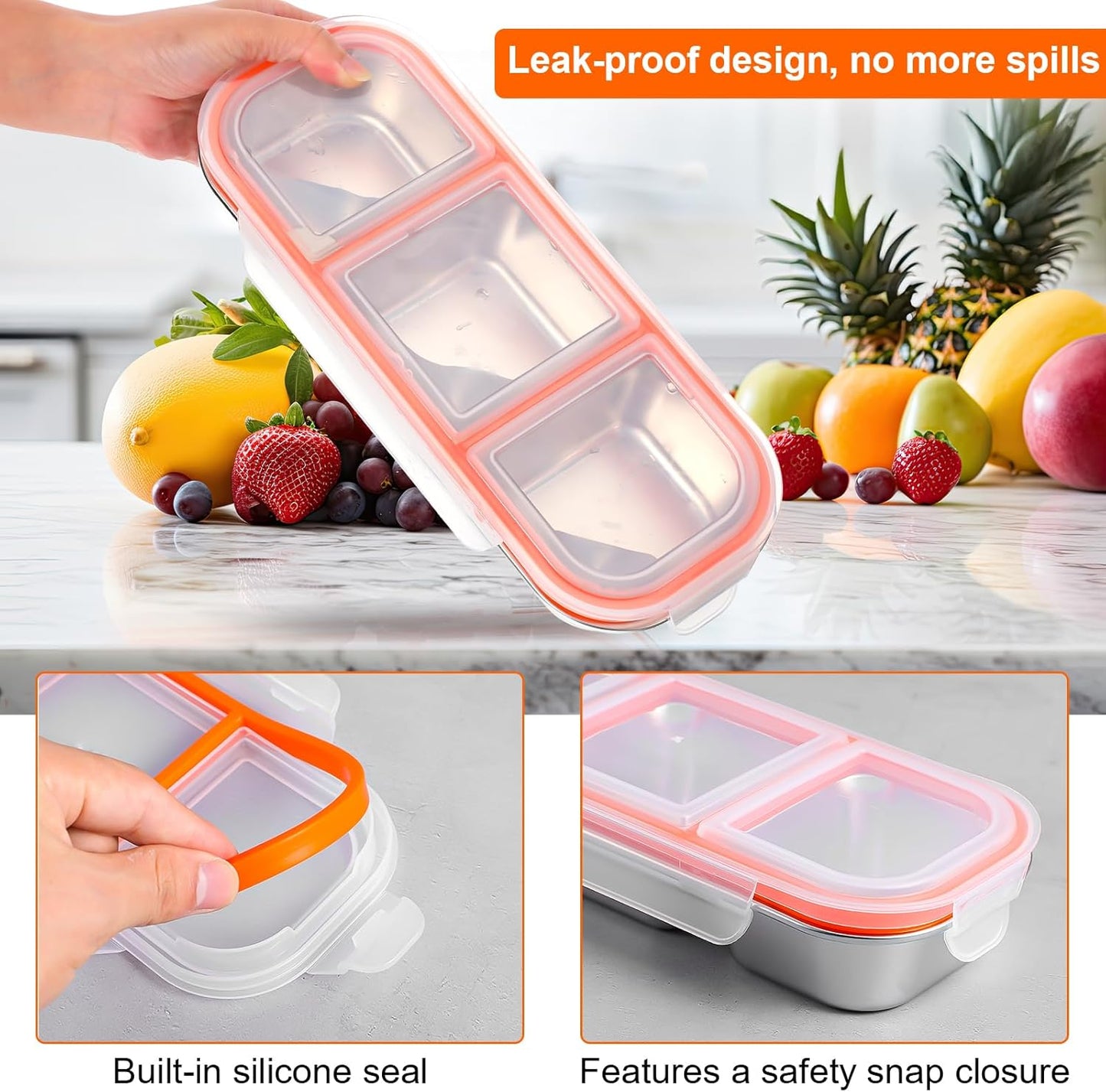 Yolev 2 Pack Stainless Steel Snack Containers - Reusable 3 Compartment Condiment Box with Lids Dishwasher- Reusable Condiment Box for Snacks Dips and Outdoor Camping