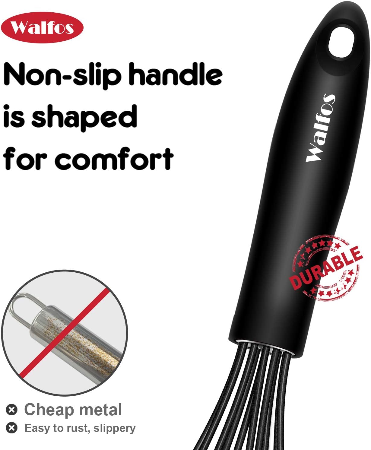 Walfos Silicone Whisk, Stainless Steel Wire Whisk - Heat Resistant Kitchen Whisks for Non-stick Cookware, Balloon Egg Beater Perfect for Blending, Whisking, Beating, Frothing & Stirring, 8.5", Black