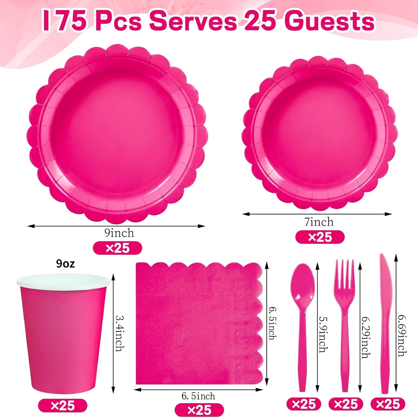 175 Pcs Hot Pink Paper Plates and Napkins, 25 Guest Hot Pink Party Supplies Include Scalloped Plates Napkins Cups Plastic Cutlery Set for Birthday, Bridal Shower