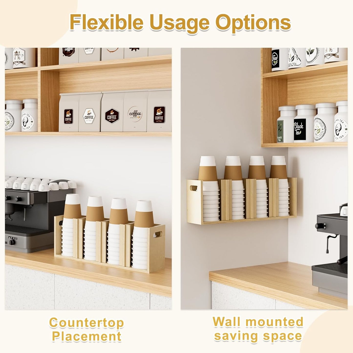 Wood Cup Lid Organizer 4 Compartments with Adjustable Dividers for Counter Wall Mount Disposable Cup and Lid Storage Kitchen Restaurants Fast Food Coffee Shop Supplies (20”W x 7”H x 4.7”D)