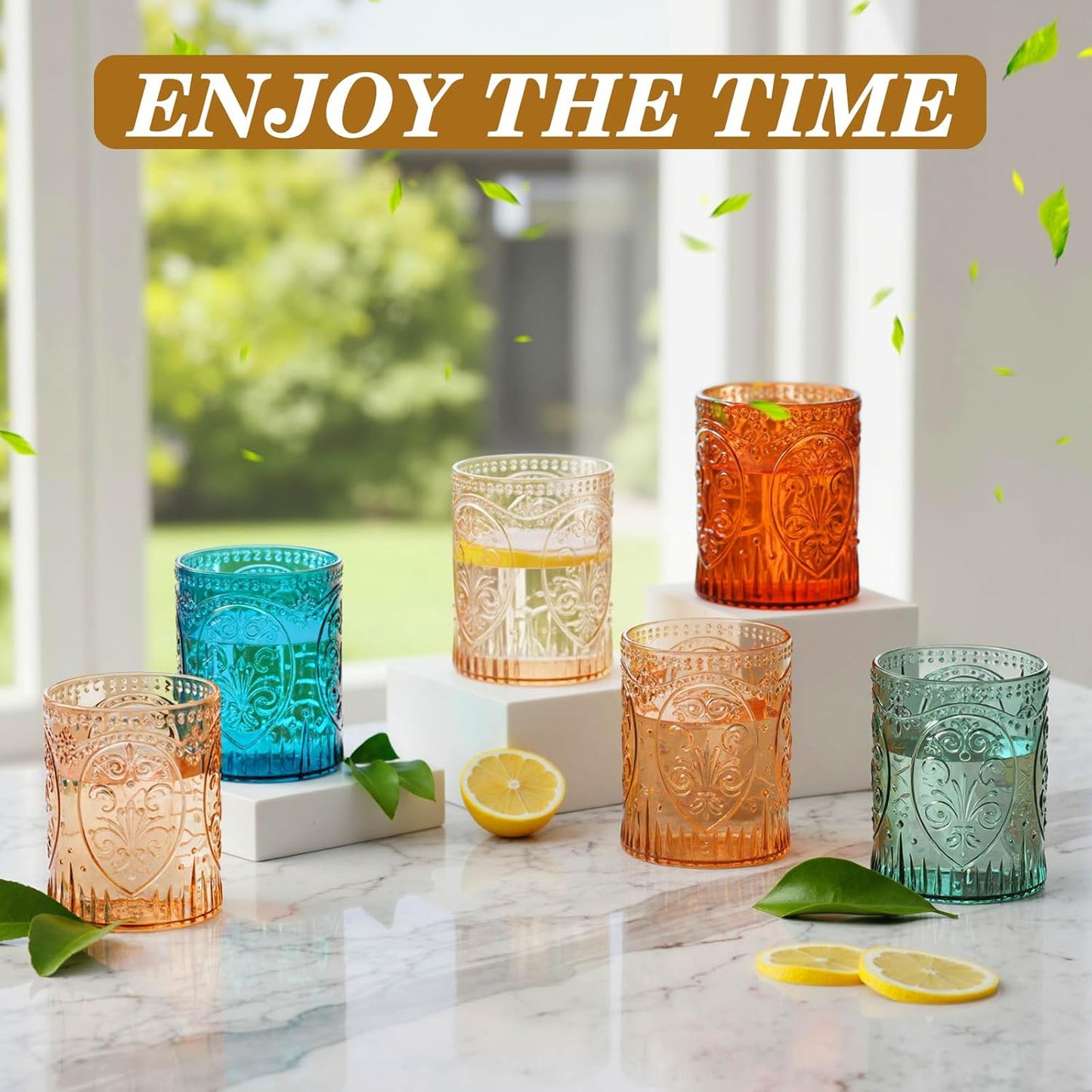 24 Plastic Vintage Drinking Glasses 8.5oz Stemless Retro Embossed Wine Glasses Shatterproof Reusable Cups for Baby Shower Wedding Reception Grand Event Party (Vintage Multicolor)